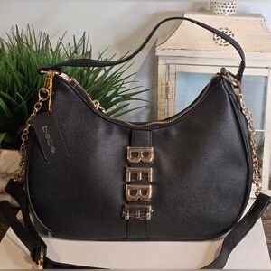Bebe Black Hobo Bag with Gold Accents